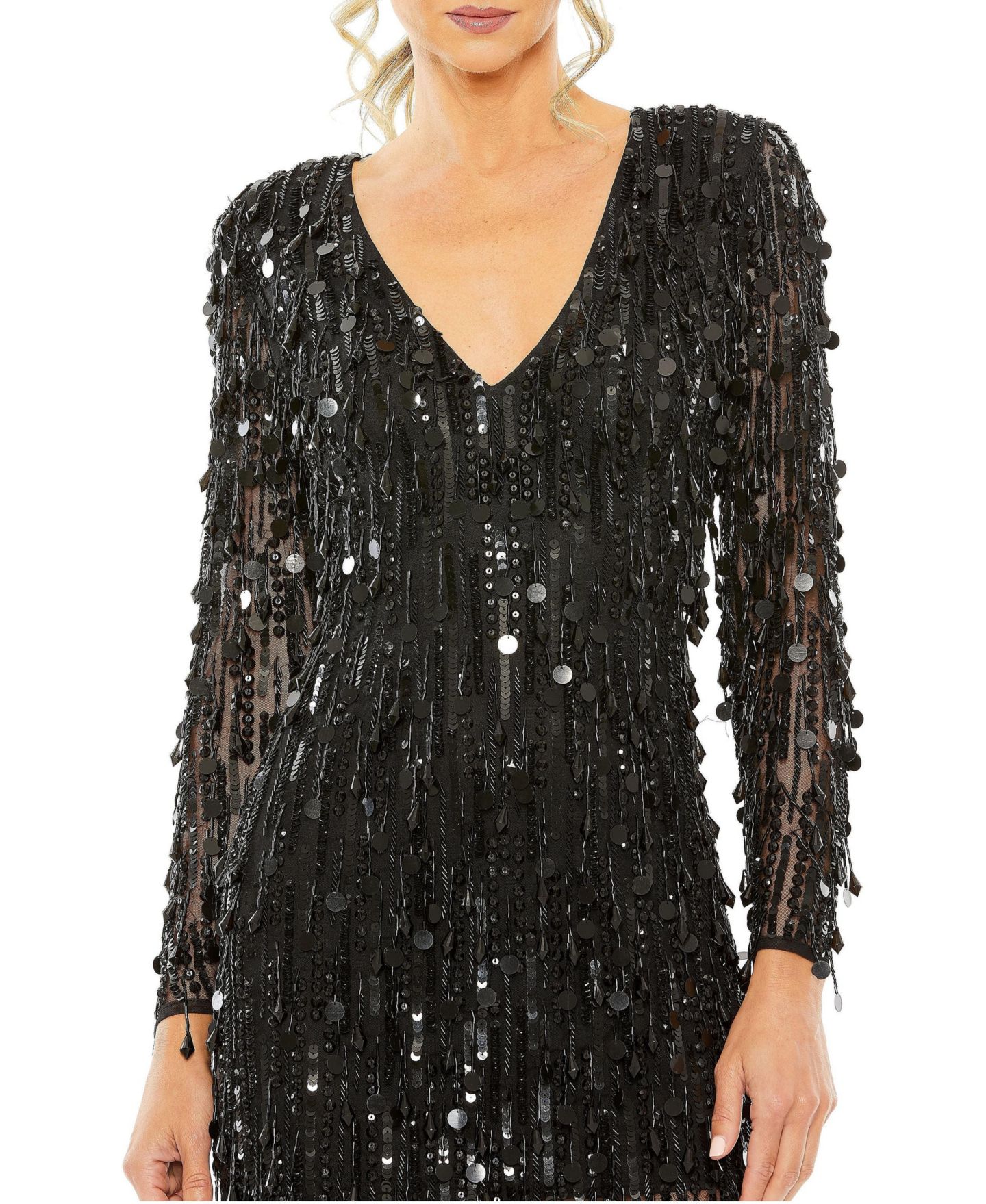 Женское платье Mac Duggal Beaded Fringe Detail Dress with Plunging Neckline and Long Sleeves, цвет: Чёрный — фото 3