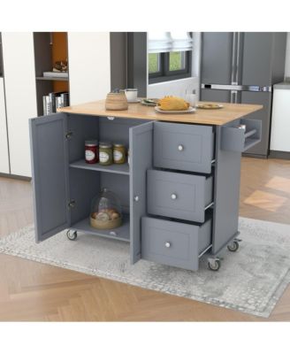 52.7" Rolling Kitchen Island with Drop Leaf, Solid Wood Top, Storage Cabinet & Drawers, Mobile Kitchen Cart