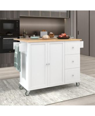 52.7" Rolling Kitchen Island with Drop Leaf, Solid Wood Top, Storage Cabinet & Drawers, Mobile Kitchen Cart