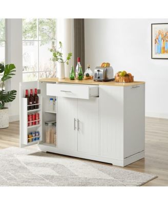 53.2" White Kitchen Island with Drawer, Cabinets, Spice Rack & Hidden Trash Can Storage, Modern Farmhouse Style-