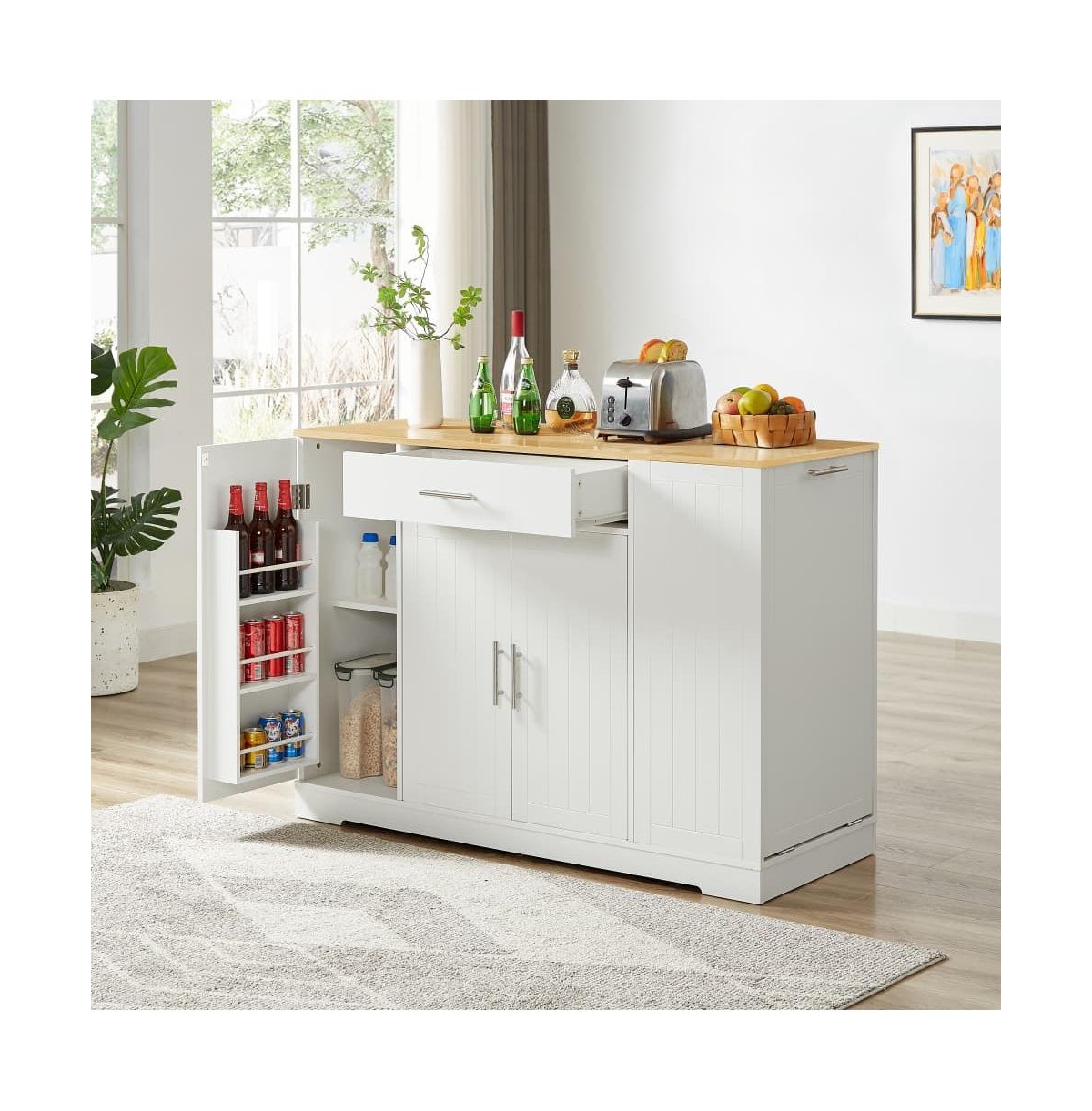 Maison Boucle 53.2" White Kitchen Island with Drawer, Cabinets, Spice Rack & Hidden Trash Can Storage, Modern Farmhouse Style-Maison Boucle