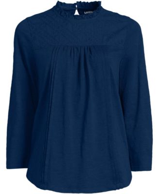 Women's Petite 3/4 Sleeve Cotton Slub Lace Trim Top