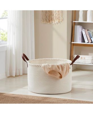 21" Large Round Cotton Rope Storage Basket Laundry Hamper with Faux Leather Handles