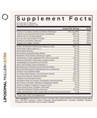 Liposomal Mullein Ultra Supplement - Mullein 10:1 Extract, Elderberry, Bee Propolis, Echinacea, Ginger Root, Kudzu, Vitamins, 90 Capsules