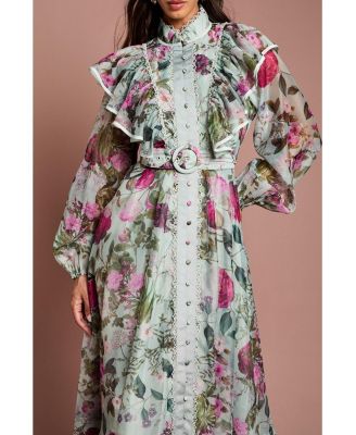 Women's Long Sleeve Printed Organza Shirt Dress