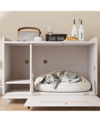 White Hidden Litter Box Cabinet with Storage Bench