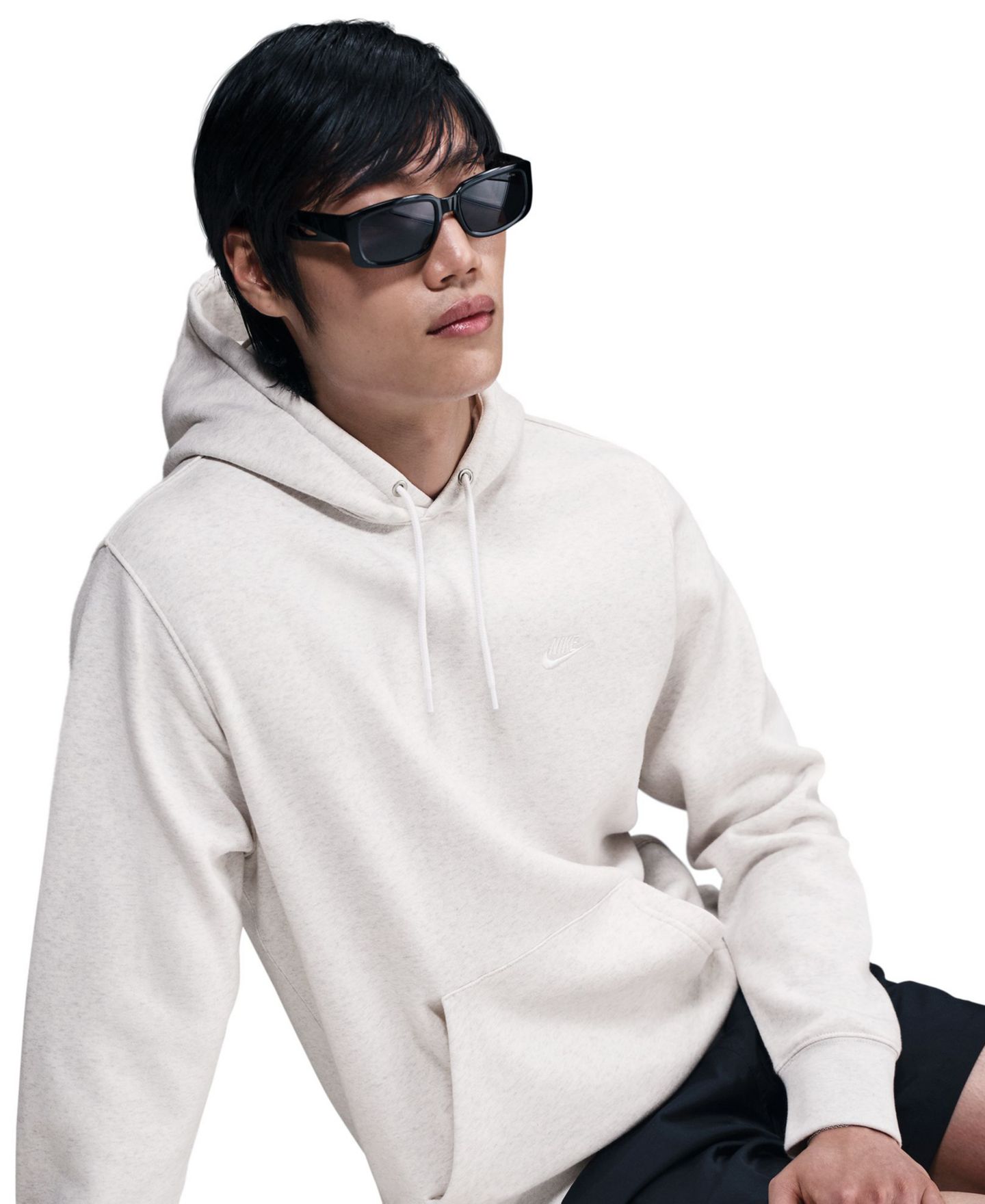 Мужское худи Nike Club Pullover Fleece Logo, цвет: Берёзовый меланжевый / Белый — фото 3
