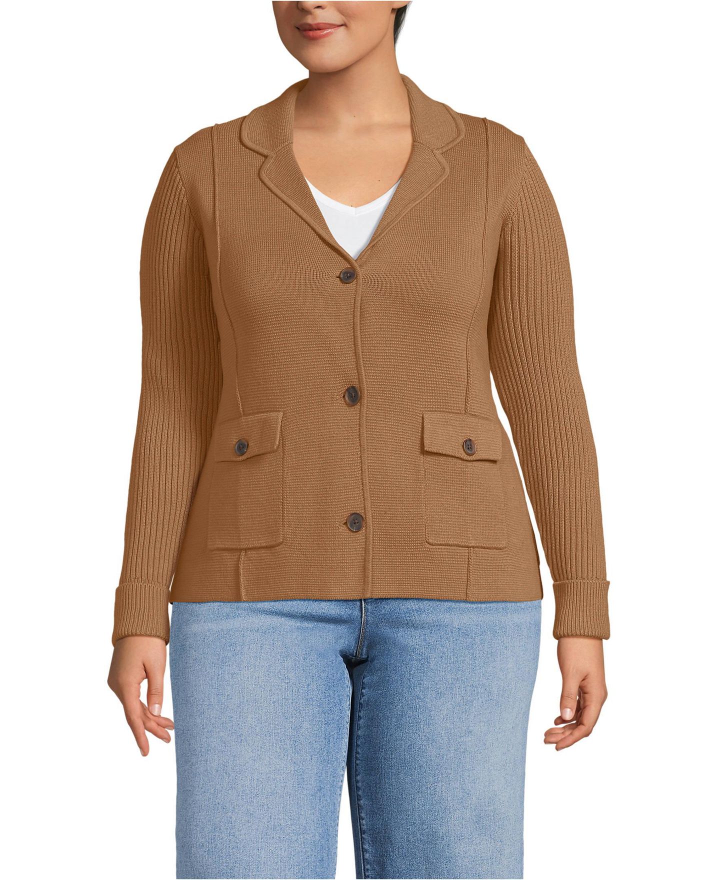 Женский свитер Lands' End Plus Size Drifter Ribbed Collared Blazer, цвет: Верблюжий — фото 1