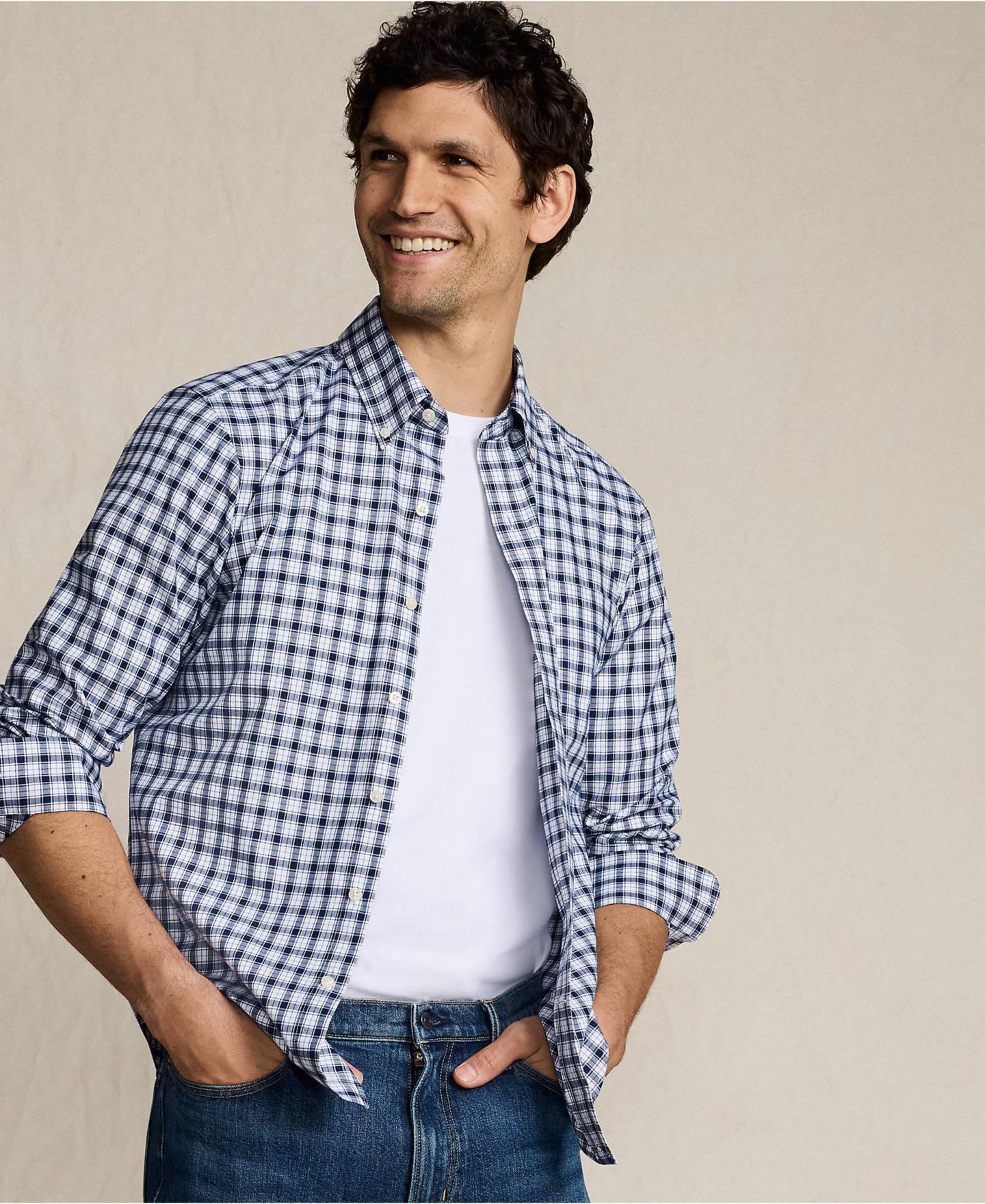 Мужская рубашка Lands' End Tailored Fit No Iron Twill Long Sleeve, цвет: Морской тёмно-синий / Клетчатый — фото 3