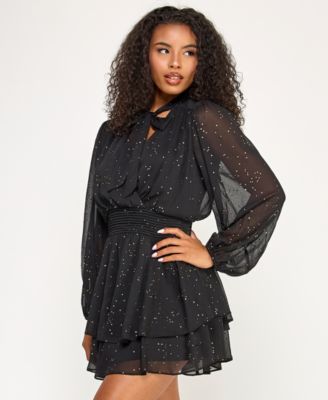Juniors' Long Sleeve Foil Dot Tie Dress