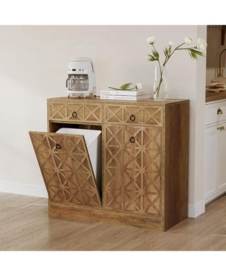 Modern Kitchen Island with Double Tilt-Out Trash Cabinet, 13 Gallon Fluted Storage Cabinet with 2 Drawers & Hidden Trash Bins, Rustic Brown