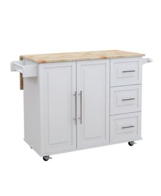 53.5" Solid Wood Rolling Kitchen Island Cart with Drop Leaf, Drawers, Cabinet, Spice and Towel Rack