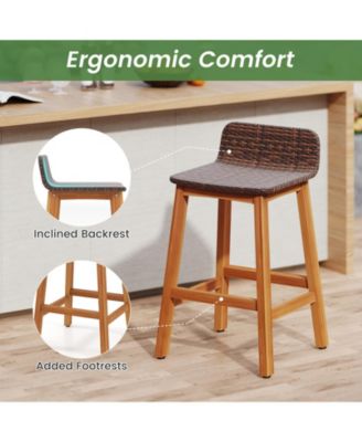 Solid Acacia Wood Bar Stools Set of 4 Rattan Bar Height Patio Chairs for Porch