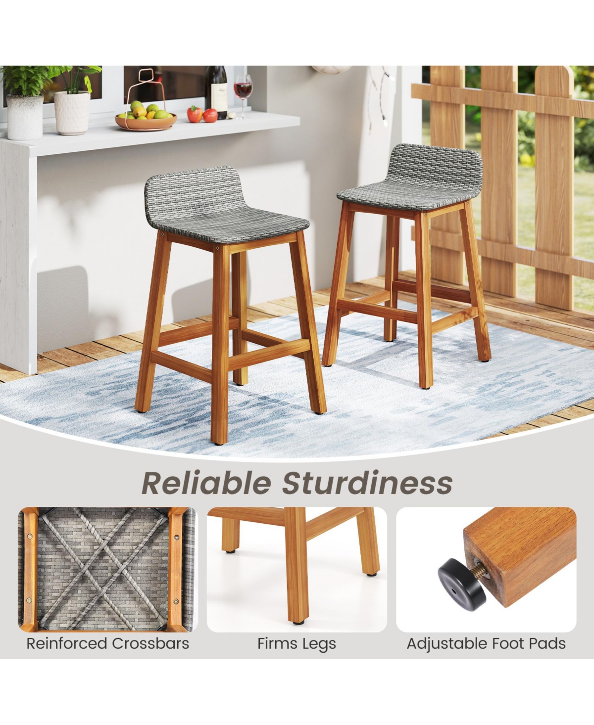 Gymax Solid Acacia Wood Bar Stools Set of 2 Rattan Bar Height Patio Chairs for Porch