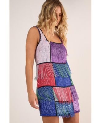 Women's Check Tassel Sequin Mini Dress