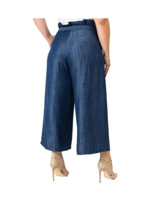 Plus Size Paper Bag Waist Tencel Wide Leg Cropped Pants