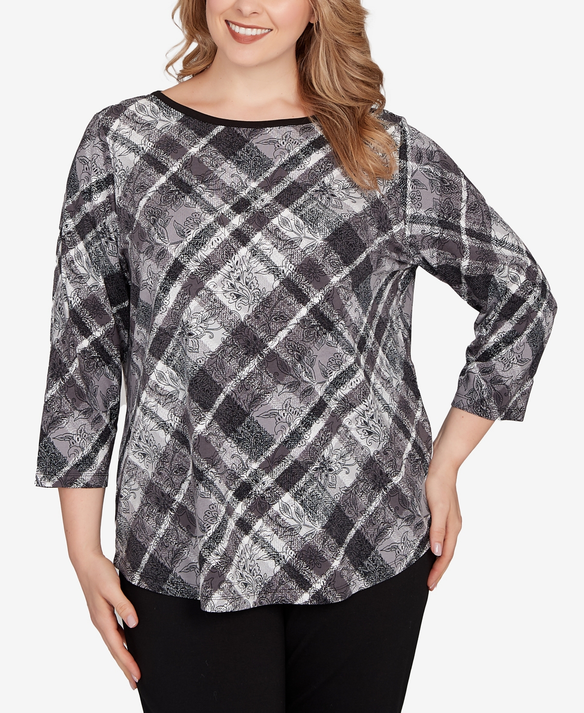 Ruby Rd. Plus Size Solid Tipped Plaid Knit Top In Gray