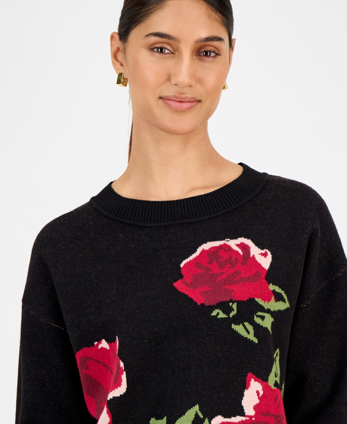 T Tahari Women's Rose-print Crewneck Sweater In Multi