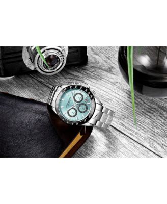 3960 Men's Chronograph Watch Quartz Japan VR32 Ice Blue Dial Black Tachymeter Bezel Silver Tone Case Stainless Steel Bracelet Date Window