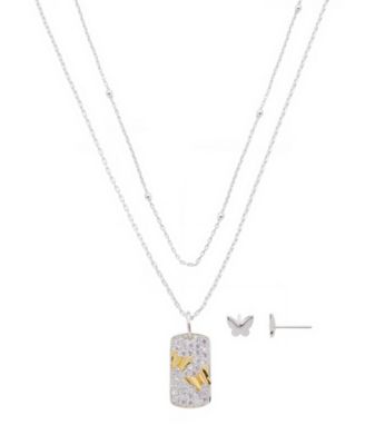 Cubic Zirconia Butterfly Tag Pendant Layered Necklace and Earring Set