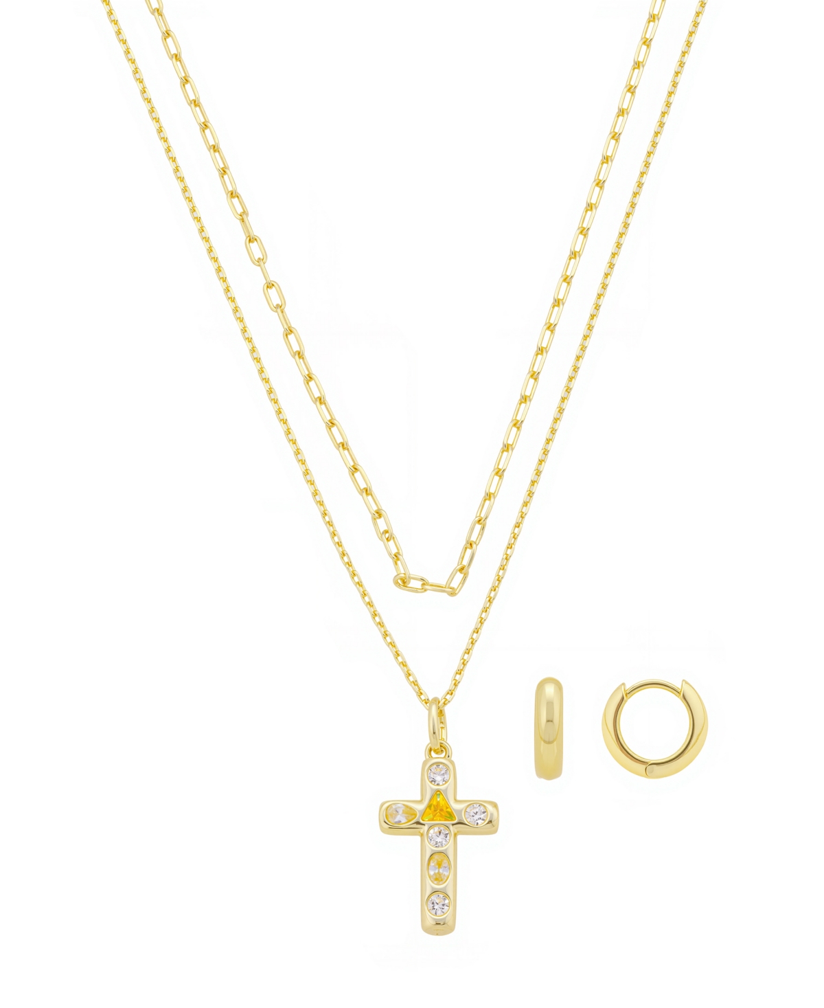 Unwritten Cubic Zirconia Cross Pendant Layered Necklace And Hoop Earring Set In Gold