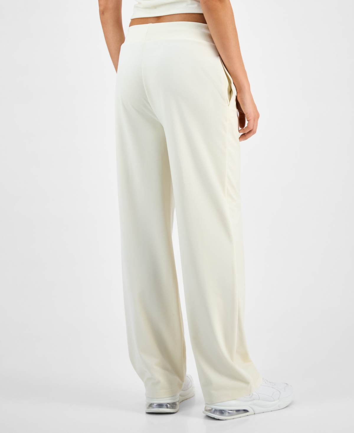 Guess Womens Couture Cropped Velour Hoodie Short Sleeve Velour T Shirt Straight Leg Velour Pants In White