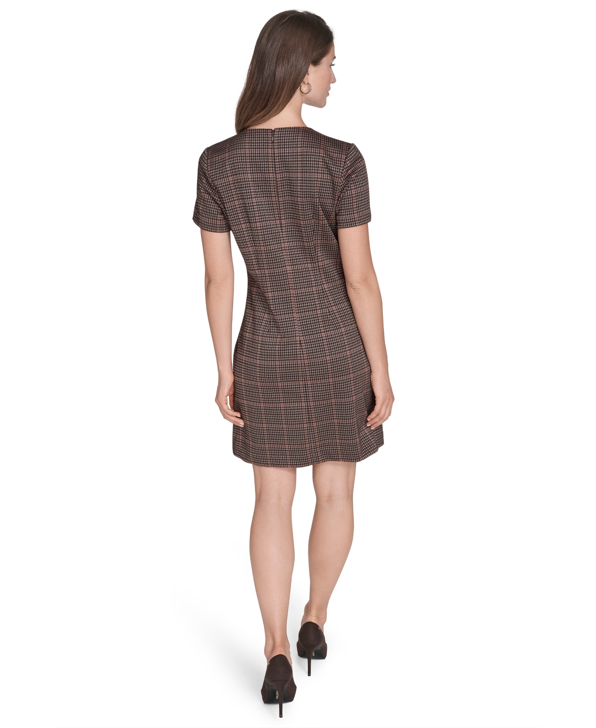Halston Women's Micro Houndstooth Button Dress In Brown