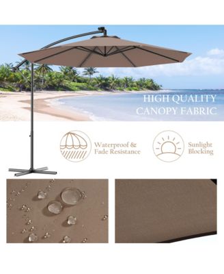 10' Hanging Solar LED Umbrella Patio Sun Shade Offset Market W/Base