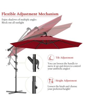 10' Hanging Solar LED Umbrella Patio Sun Shade Offset Market W/Base