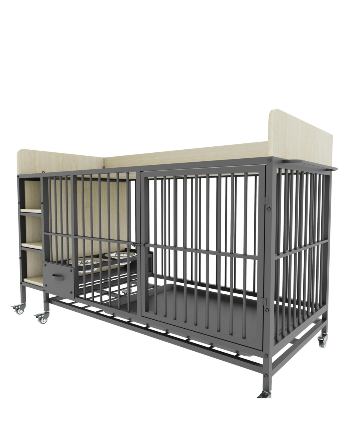 Aostirmotor 57 in. W x 33 in. H x 24 in. D Large Pet Cage with Storage Rack Drawers with Stainless Steel Food in Beige