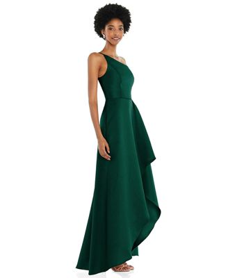 One-Shoulder Satin Gown with Draped Front Slit and Pockets