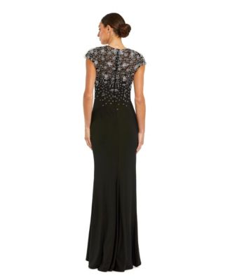 Crystal Embellished Jersey Fitted Cap Sleeve Gown