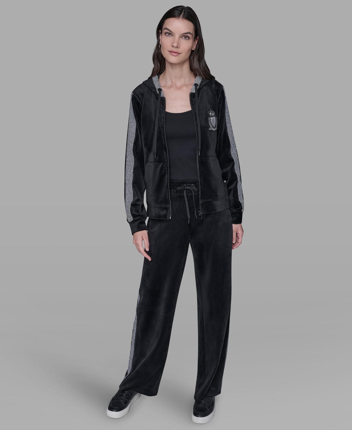 Karl Lagerfeld Petite Rhinestone Trim Zip-up Jacket In Black