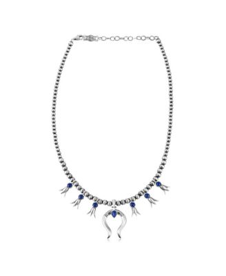 Sterling Silver Lapis Beaded Squash Blossom Necklace, 16 to 19 Inches