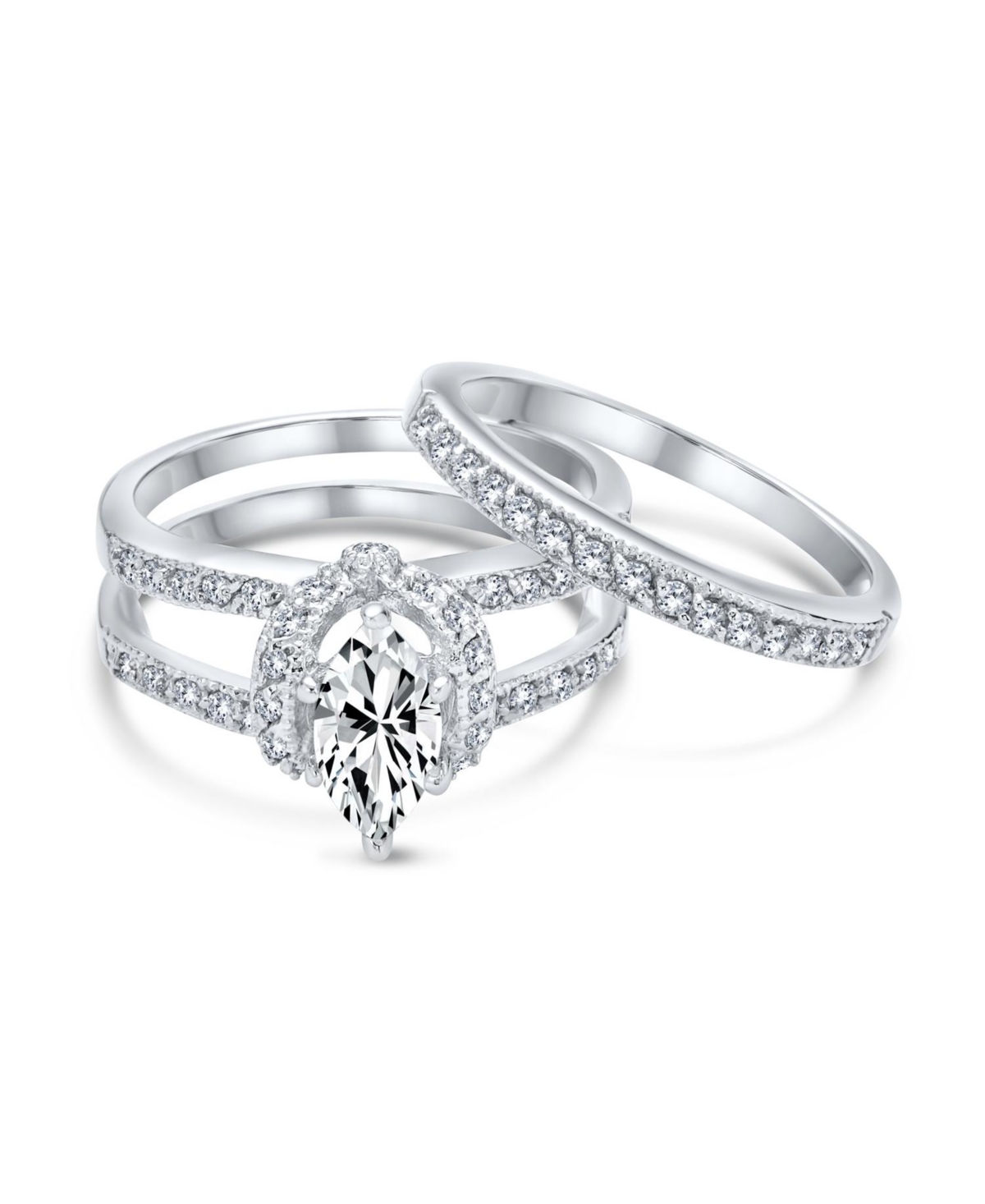Bling Jewelry 2CT Solitaire Marquise Cubic Zirconia Halo Statement Promise Ring Set With Guard Inset Enhancer Band Sterling Silver