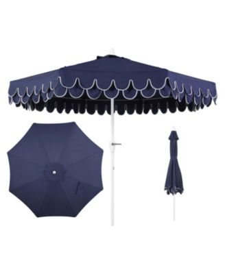 Tracy 9 ft. Classic MidCentury Scalloped Fringe Market Patio Umbrella with Auto-Tilt Crank, Wind Vent and UV Protection in Coral