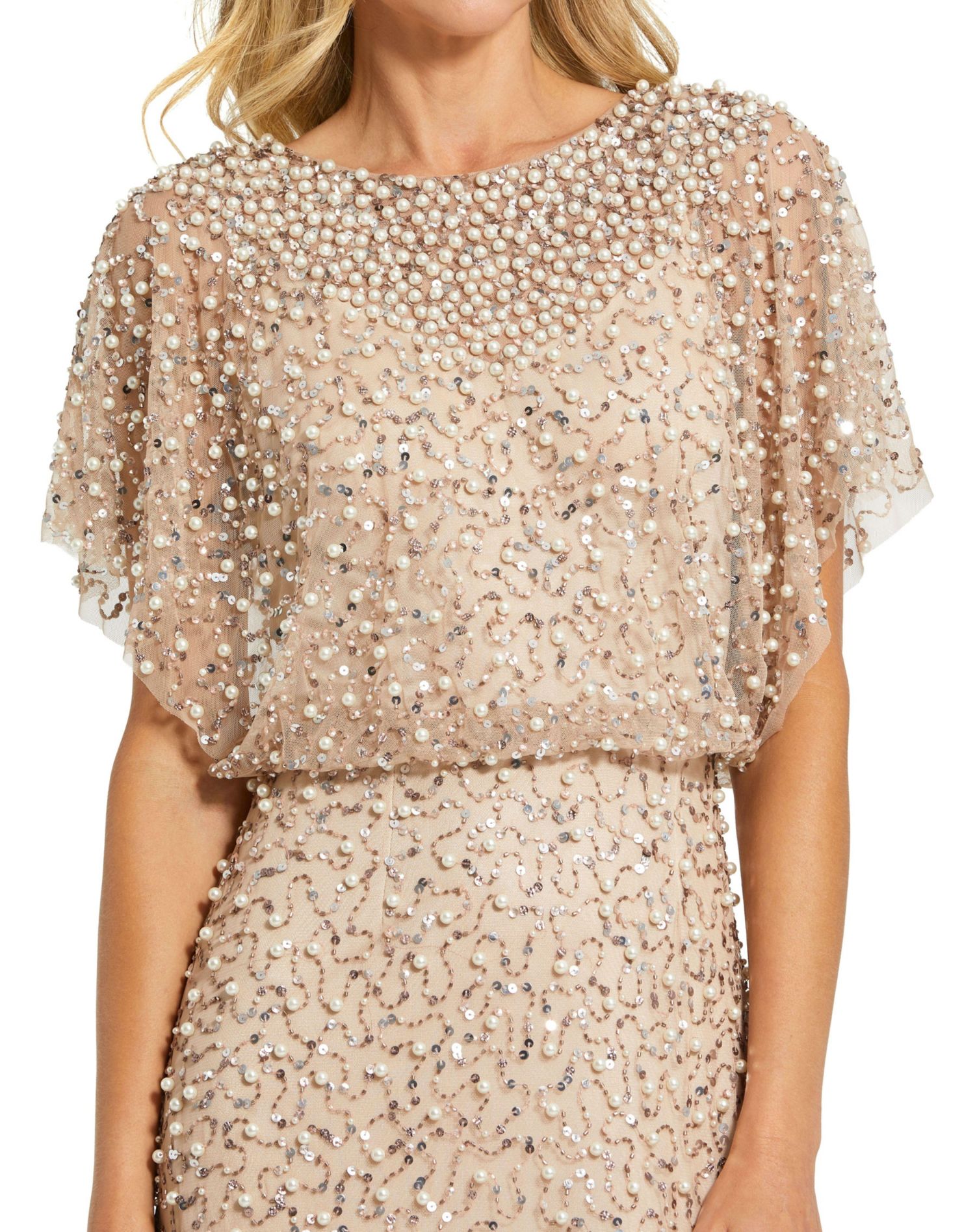 Women's Short Sleeve Beaded Blouson A-line Gown
