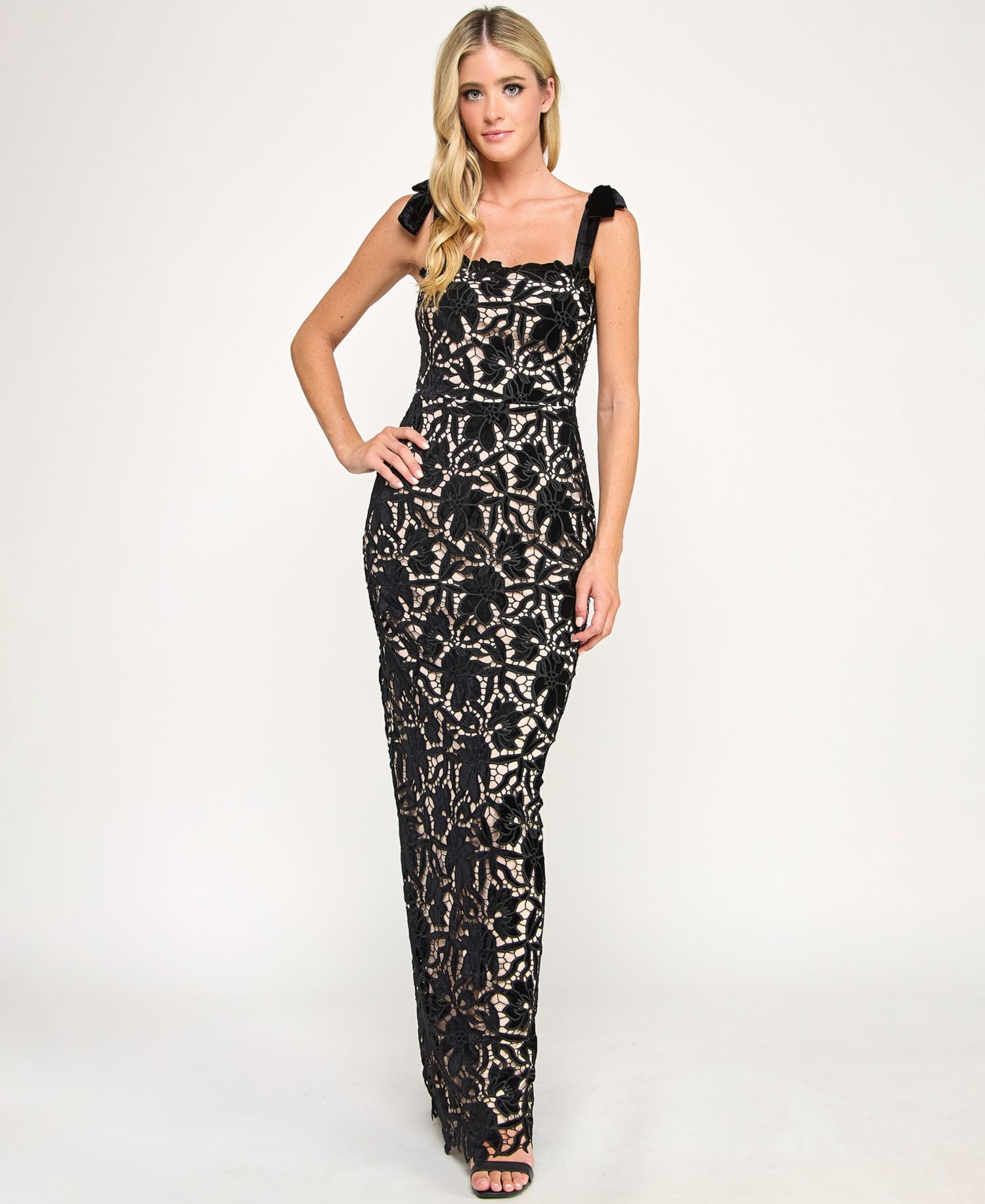 Juniors' Laser Cut Velvet Long Gown