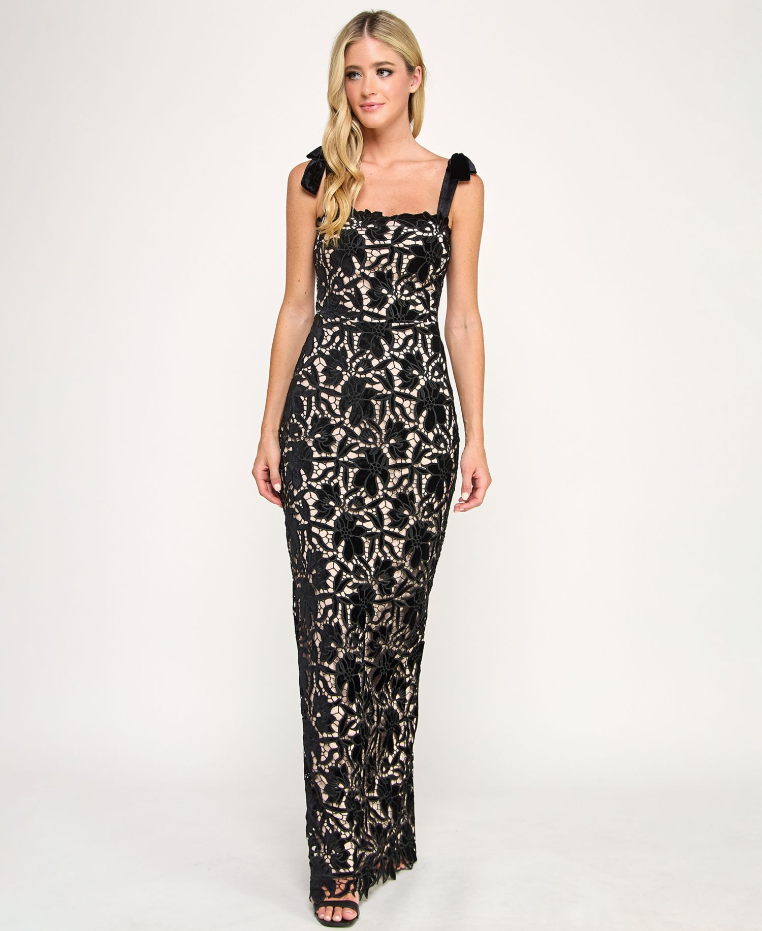 Juniors' Laser Cut Velvet Long Gown