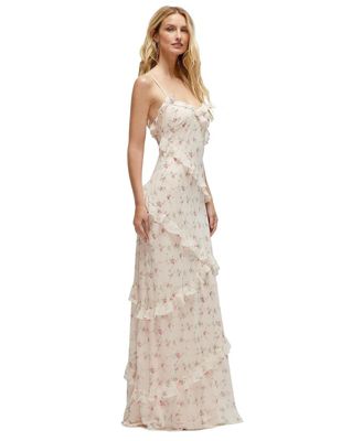 Women's Asymmetrical Ruffle Chiffon Bias Slip Maxi Dress