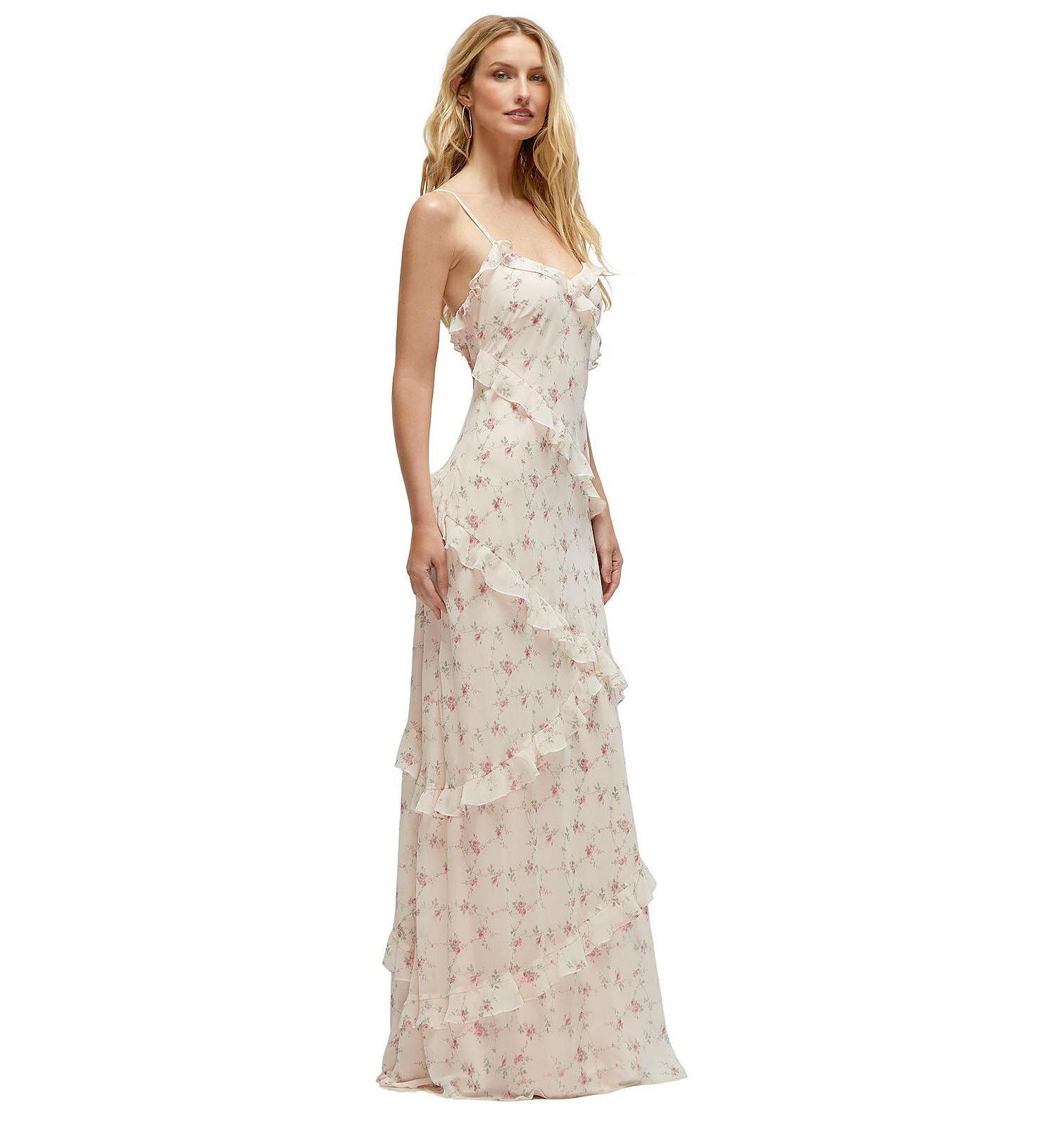 Women's Asymmetrical Ruffle Chiffon Bias Slip Maxi Dress
