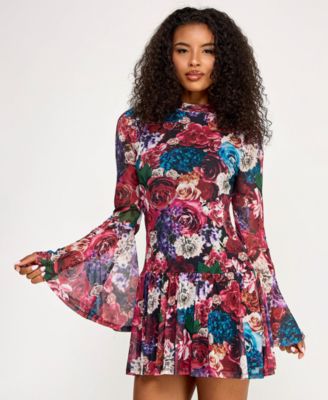 Juniors' Long Sleeve Printed Mesh Drop Waist Dress