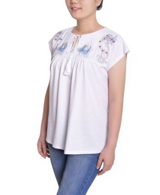 Petite Embroidered Yoke Extended Sleeve Top