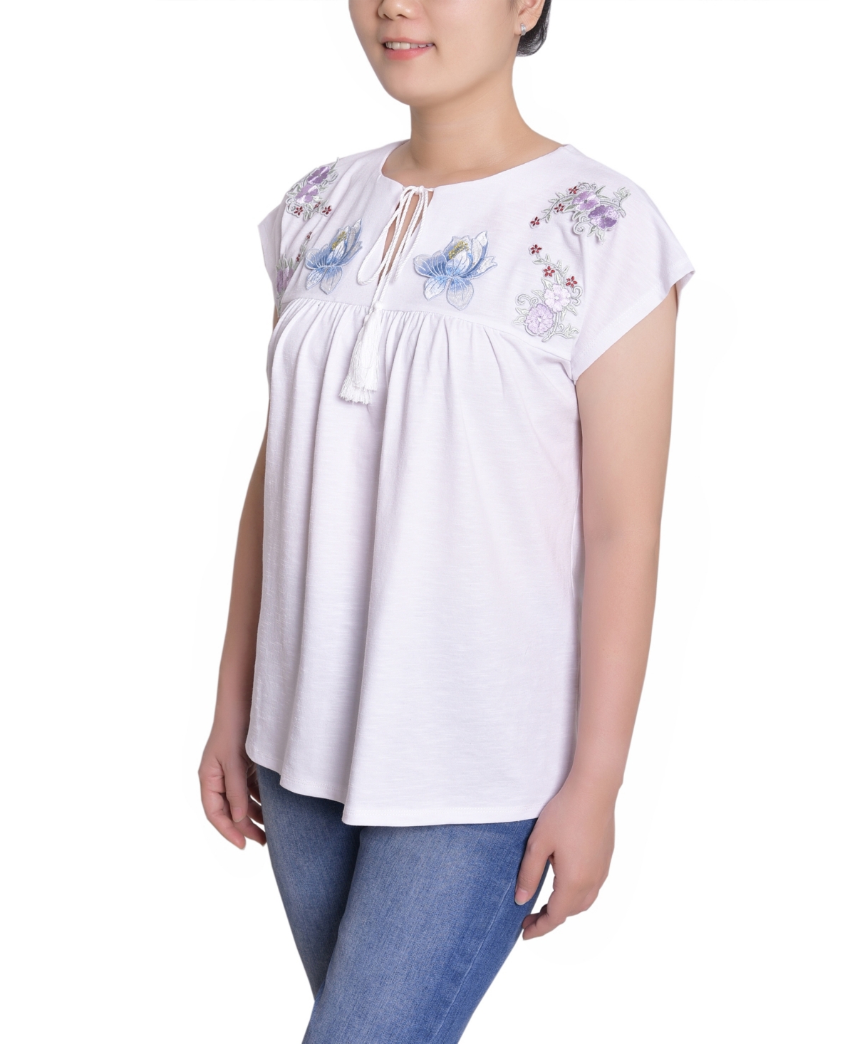 Ny Collection Petite Embroidered Yoke Extended Sleeve Top In White