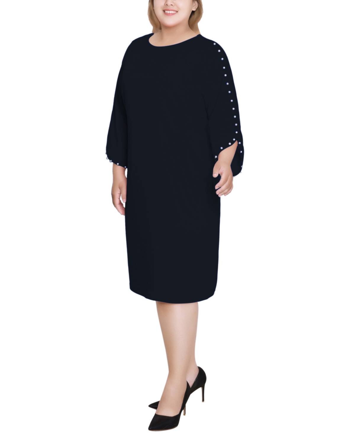 Ny Collection Plus Size 3/4 Cultivated Pearl-detail Petal Sleeve Dress In Black