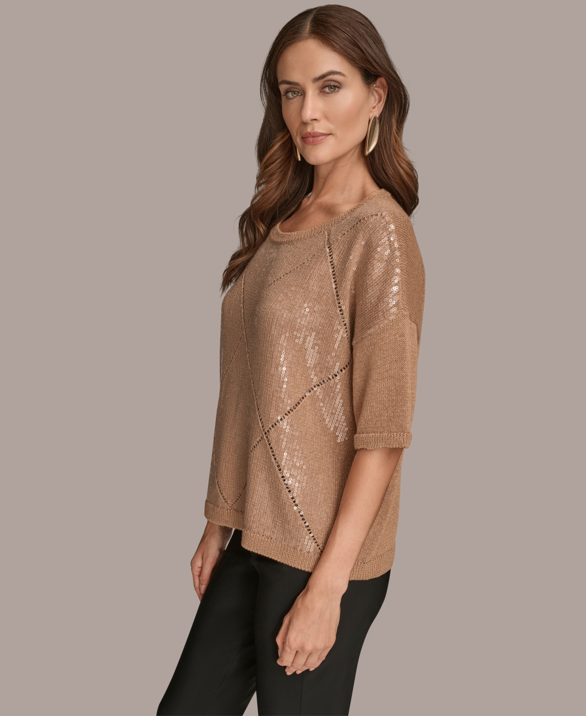 Donna Karan New York Short Sleeve Sequin Sweater In Brown