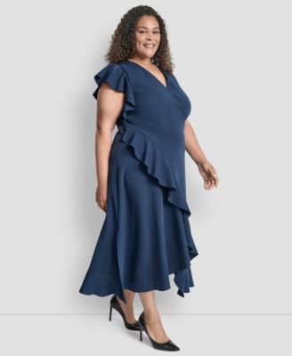 Plus Size V-Neck Ruffle Sleeve Midi Dress