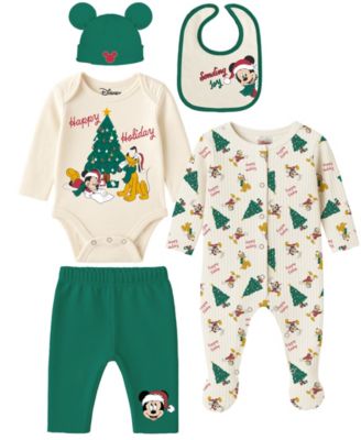 Baby Boys' Mickey and Pluto Holiday Coverall, Bodysuit, Cap, Bib and Pants, 5-Piece Set