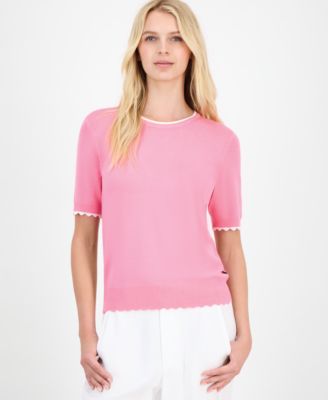 Women's Scallop-Trim Short Sleeve Crewneck Sweater