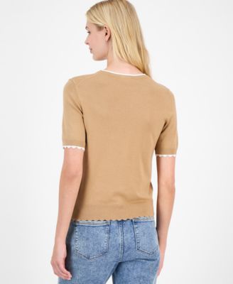 Women's Scallop-Trim Short Sleeve Crewneck Sweater